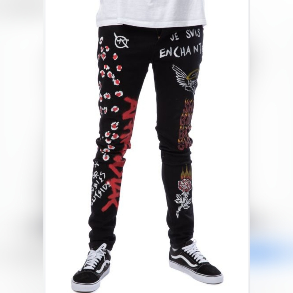 NEW Lifted Anchors Men's Detention Tag Graffiti Jeans Black Denim, size 30